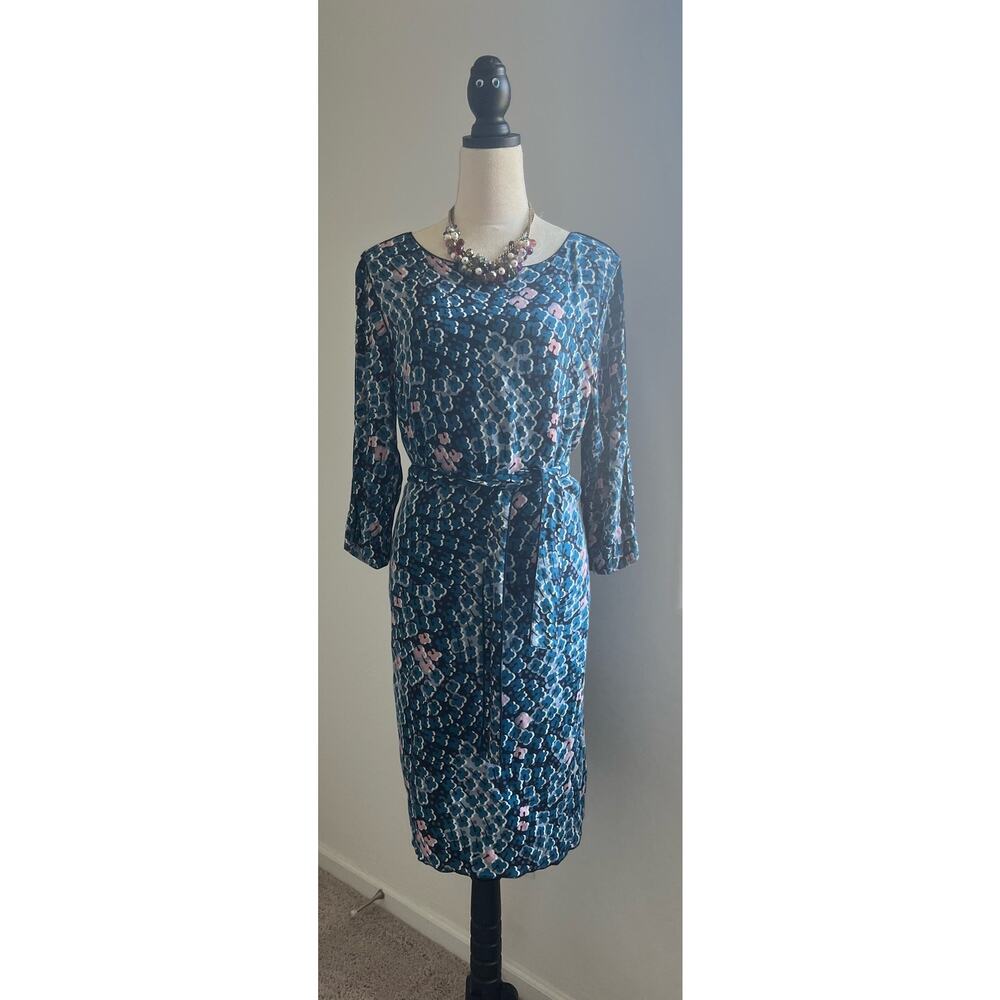 Boden Floral Blue Pink Black Tie Waist 3/4 Sleeve Boat Neck Zip Midi Dress 16